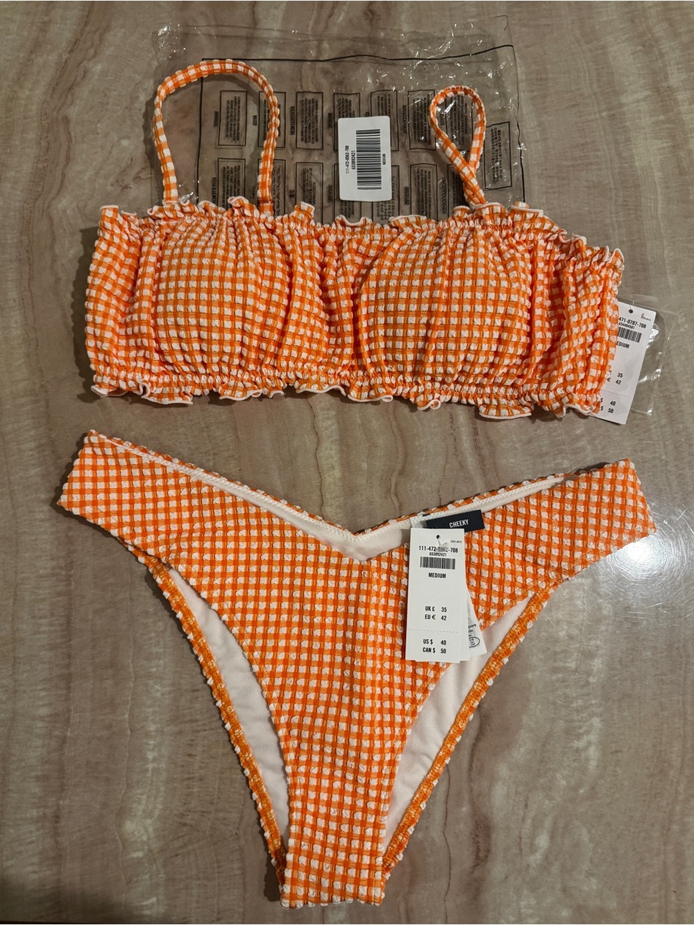 NWT Abercrombie & Fitch Orange Gingham Smocked Bikini Set, Medium